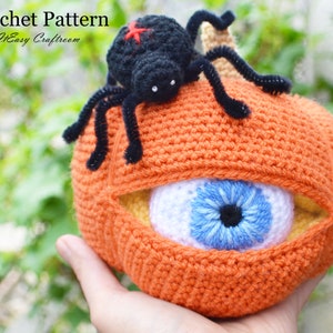 One eyed pumpkin Crochet pattern Halloween ornament Red cross black spider Carving and  decorating Halloween patterns PDF