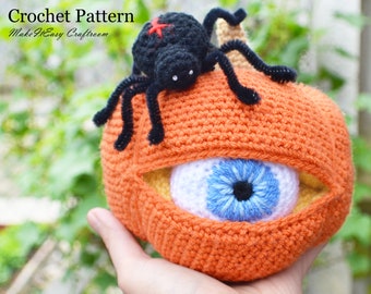 One eyed pumpkin Crochet pattern Halloween ornament Red cross black spider Carving and  decorating Halloween patterns PDF