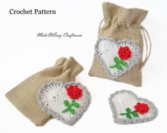Patrón de aplique de crochet de corazón y rosa: Adorno floral (Patrón PDF)