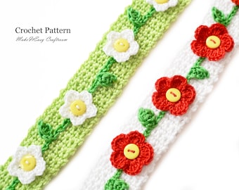 Flower Ribbon Crochet pattern Floral trim edge Poppy flower necklace Crochet daisy bookmark Handmade headband Crochet accessories Craft idea