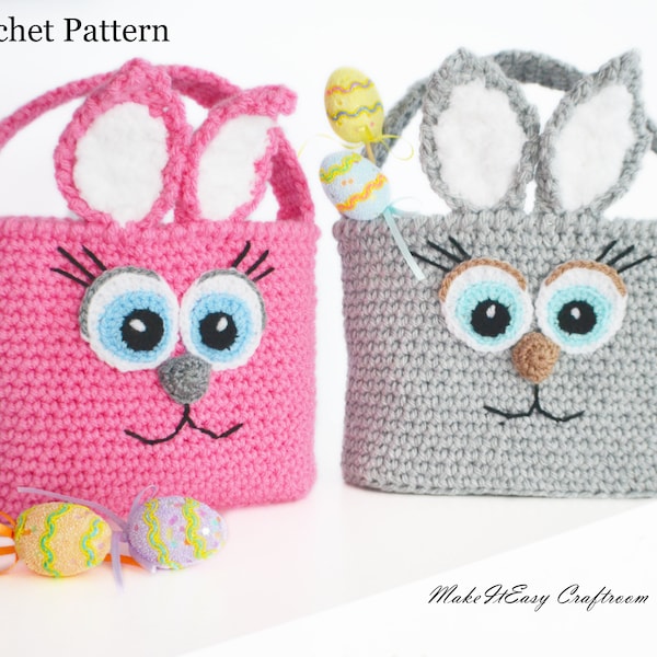 Sac d’oreille de lapin Crochet motif Chasse aux œufs de Pâques Panier de lapin Crochet pochette cadeau Sac seau d’oreille Sacs de friandises de Pâques pour enfants Modèles de Pâques