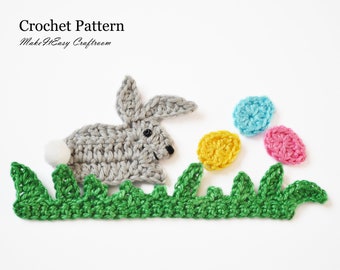 Bunny applique Crochet pattern Easter rabbit on grass Easter eggs Crochet embellishment Easter Cardmaking Card Topper Holiday decor Craft