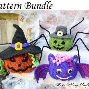 Crochet pattern bundle Halloween pumpkins Green pumpkin spider Vampire bat Witch pumpkin Amigurumi Halloween crochet patterns PDF