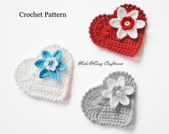 Heart applique Crochet pattern Flower embellishment Sew on applique Crochet card topper Valentine Birthday greetings Favor bag Gift wrapping