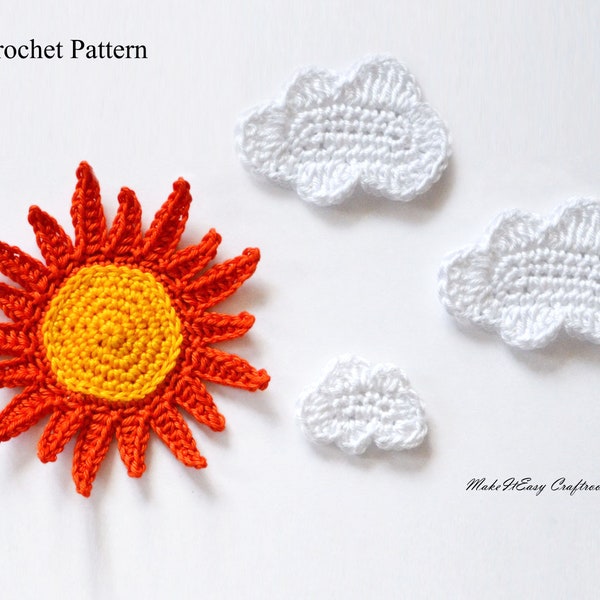 Crochet sun and clouds PDF tutorial Crochet applique Sky motif Sew on embellishment Cardmaking embellishment Summer pattern PDF