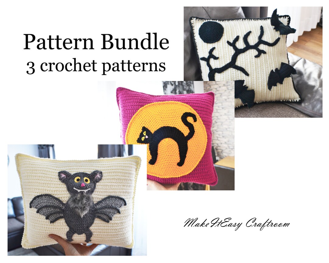 Scared Bat Pattern Crochet Pattern Bundle Vampire Bat Cushion Moon Scaredy Cat Throw ...