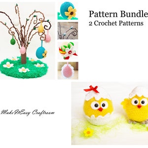 May include: Two crochet patterns for Easter crafts. The first pattern is for a hanging Easter tree with colorful eggs. The second pattern is for a chick hatching from an egg. The text "Pattern Bundle 2 Crochet Patterns" is at the top of the image.