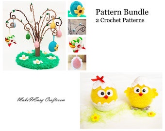 Easter crochet Pattern bundle  Chicks in eggshell Willow tree Baby chicks Crochet eggs Easter patterns Chicken amigurumiDigital download