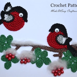 Robin on branch CROCHET PATTERN Christmas card topper Bird applique Embellishment Rowan branch with berries Seasonal home decor Cardmaking