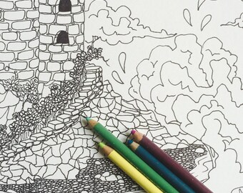 Adult Coloring Page - Castle by the Sea, Fantasy Coloring Page, Instant Download Coloring Page,  Digital Download