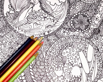 Adult Coloring Page, Mermaid Coloring Page, Fantasy Coloring Page, Instant Download Coloring Page,  Digital Download