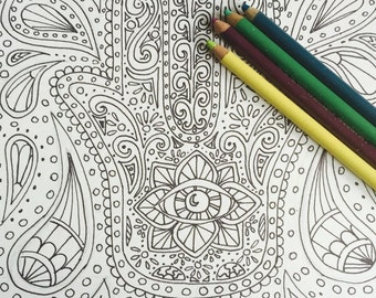 Adult Coloring Page - Hamsa, Hand of Fatima, Fantasy Coloring Page, Instant Download Coloring Page,  Digital Download