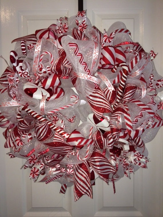 Items similar to Deco Mesh Candy Cane Wreath on Etsy