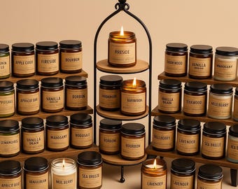May include: A collection of scented candles in glass jars with black lids, arranged on wooden shelves and a tiered metal stand. The labels feature various scents like "Fireside," "Vanilla," and "Bourbon." Several candles are lit, emitting a warm glow.