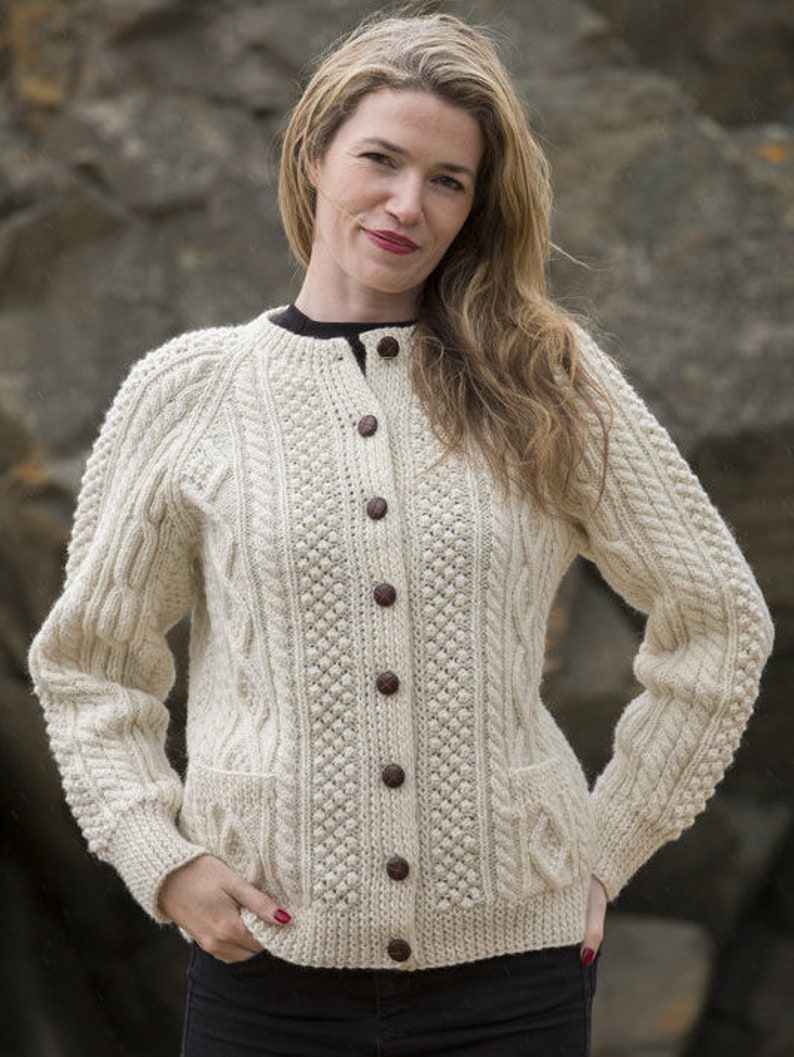 Bainin White Genuine Irish Hand Knit Aran Cardigan Etsy