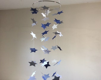 Star light, Star bright Baby Nursery Shooting Star mobile, Navy white & Silver/Grey shooting Stars Baby mobile