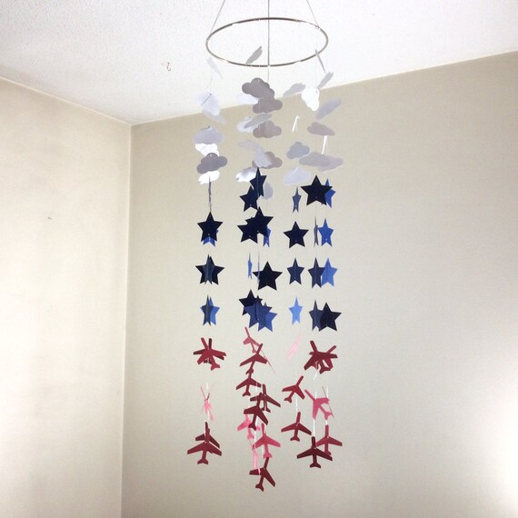 Cloud Stars And Airplane Hanging Paper Mobile White Navy And Red Ombre Baby Nursery Mobile Clouds Stars And Airplanes Mobile