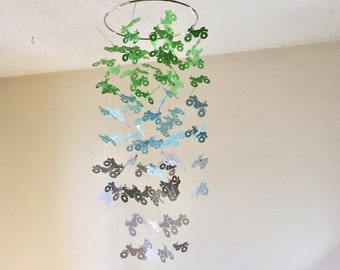 Motorcycle mobile.  Baby nursery mobile.  Green, Aqua, grey and white