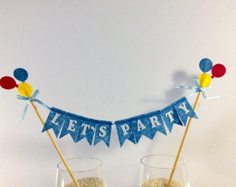 LET'S PARTY cake topper!  blue and white lets party cake topper, Mini cake topper, bunting cake topper, Pennant cake topper