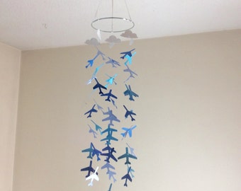 Shades of blue and white clouds Airplane Nursery mobile, Baby nursery mobile, Crib mobile,  Modern decor, baby shower