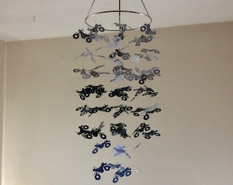 Motorcycle mobile.  Gray, Black and Blue Baby nursery mobile.  Scooter mobile