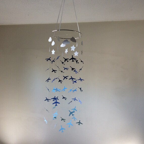 Paper Airplane Mobile Clouds Stars Hanging Paper Mobile Baby Nursery Mobile Blue Ombre Crib Mobile Teen Tween Mobile Birthday Decor