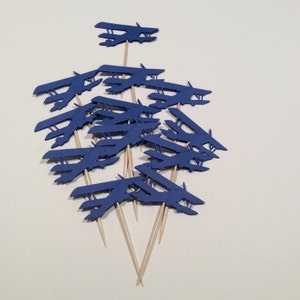 Vintage style Navy Airplane cupcake toppers. Airplane Party picks, Party decor, baby shower, happy birthday, Baby shower, 12 per order.