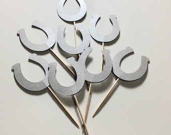 Shiny Grey/Silver Horse shoe cupcake toppers, Kentucky Derby cupcake toppers. rodeo, cowboy, cowgirl, western, wedding,  belmont, 12 pieces