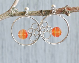 Sterling Silver Hoop Earrings with Asymmetrical l metalwork and .5" Orange glass beads