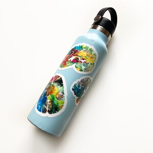 May include: A light blue water bottle with three colourful brain-shaped stickers. The stickers are a watercolour style with shades of blue, green, yellow, orange, and red.