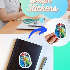 May include: A colourful brain-shaped vinyl sticker on a black notebook. The sticker is a watercolour style design with shades of blue, green, yellow, red, and orange. The notebook is closed and has a pen next to it.