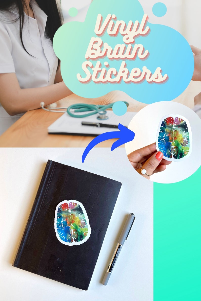 May include: A colourful brain-shaped vinyl sticker on a black notebook. The sticker is a watercolour style design with shades of blue, green, yellow, red, and orange. The notebook is closed and has a pen next to it.
