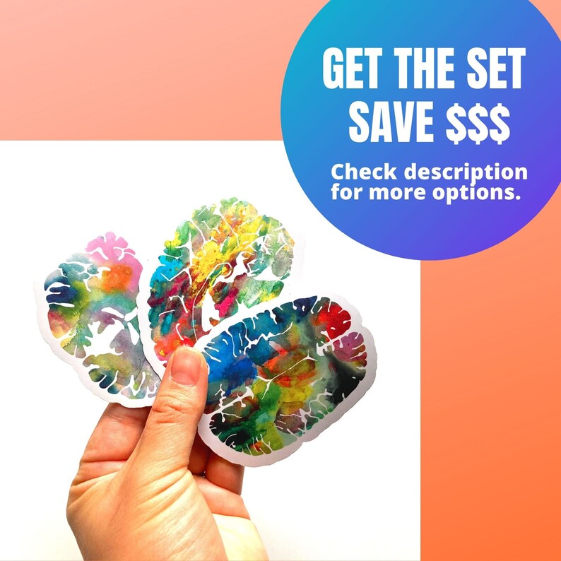 May include: Three colourful watercolour brain stickers. The stickers are in the shape of a human brain and feature a variety of colours, including blue, green, yellow, orange, pink, and red. The text "GET THE SET SAVE $$$ Check description for more options." is visible in the image.