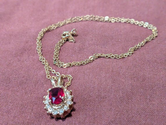 14k gold plate ruby simulant with rhinestones nec… - image 1