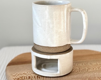 Handmade ceramic tea light coffee tea mug warmer in white