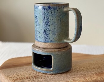 Handmade Ceramic Tea Light Mug Warmer in Blue: Stoneware Coffee Warmer