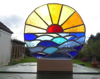 Sunrise Scene Made From Stained Glass Suncatcher With Wooden Stand