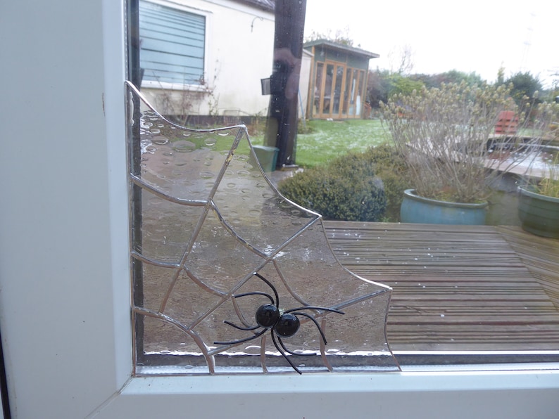 Spider's Web and Spider Made From Stained Glass To Fit In The Corner of a Window Suncatcher image 1