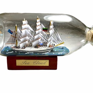 Handmade Sea Cloud Ship in a Bottle: Yacht Model with Stand 7 inch