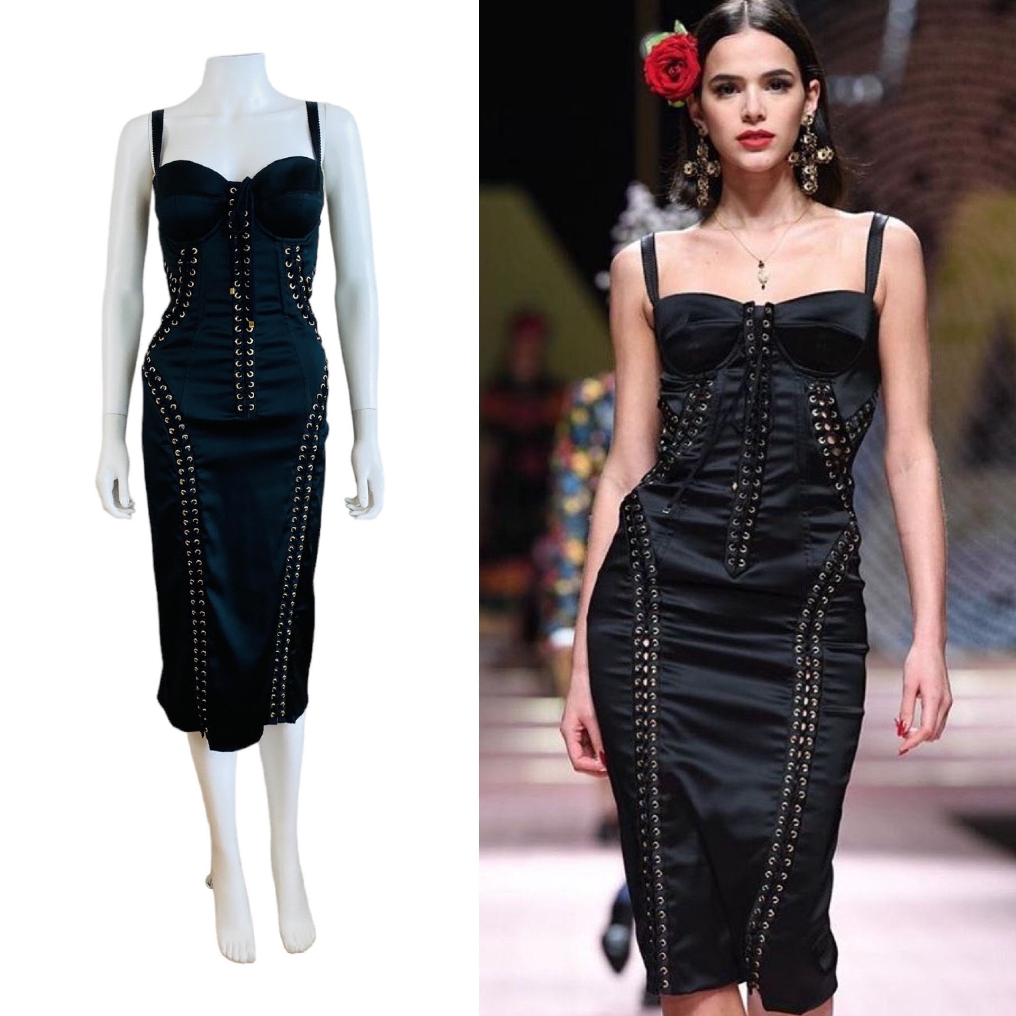 Dolce + Gabbana Black Stretch Silk Corset Lace up Bustier