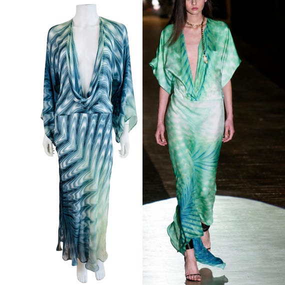 Roberto Cavalli, Vintage S/S 2001 Roberto Cavalli Blue + Green Draped Iconic Swirl Print Low Cut Dress