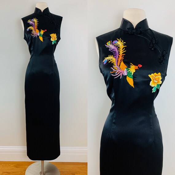 Vintage Black Qipao Cheongsam Chinese Dress Embroi