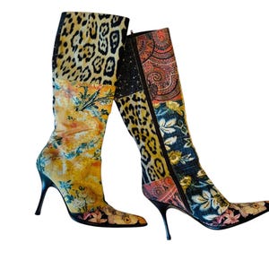 Rare Vintage S/S 2002 Roberto Cavalli Patchwork Baroque Floral Leopard Fabric Boots