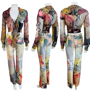 Vintage F/W 2002 Roberto Cavalli Silk Patchwork Print Top Blouse + Jeans Pants Set Leopard Snake Floral Baroque