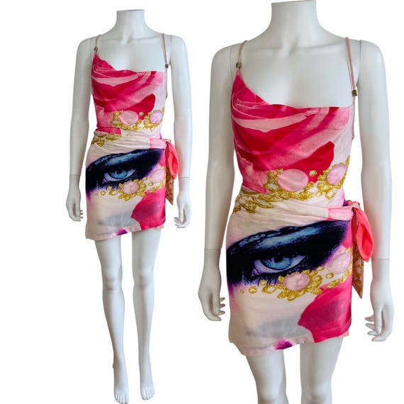 Roberto Cavalli, Vintage S/S 2001 Y2K Roberto Cavalli Pink Elizabeth Taylor Eye Print Top + Wrap Mini Skirt Set