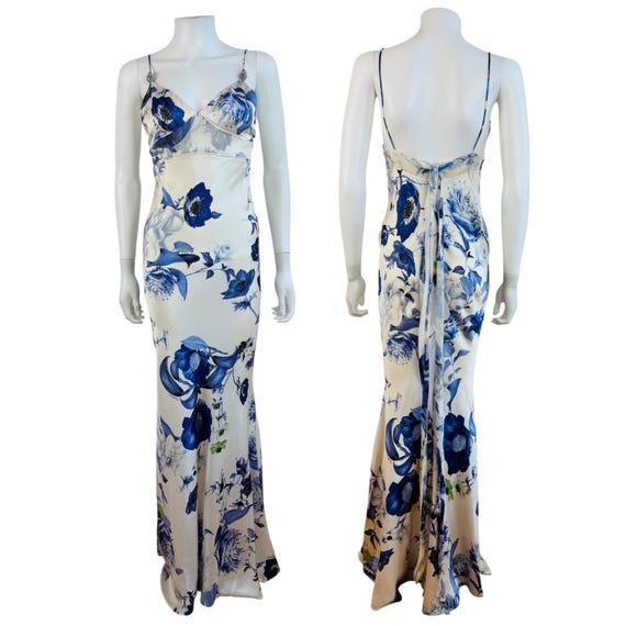 Roberto Cavalli, Vintage 2005 Roberto Cavalli White + Blue Floral Bias Gown Dress