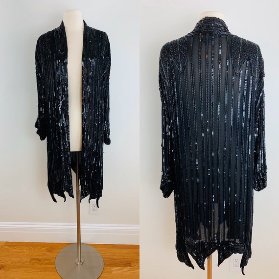 Vintage 70s JUDITH ANN Inky Black Silk Sequin + Be