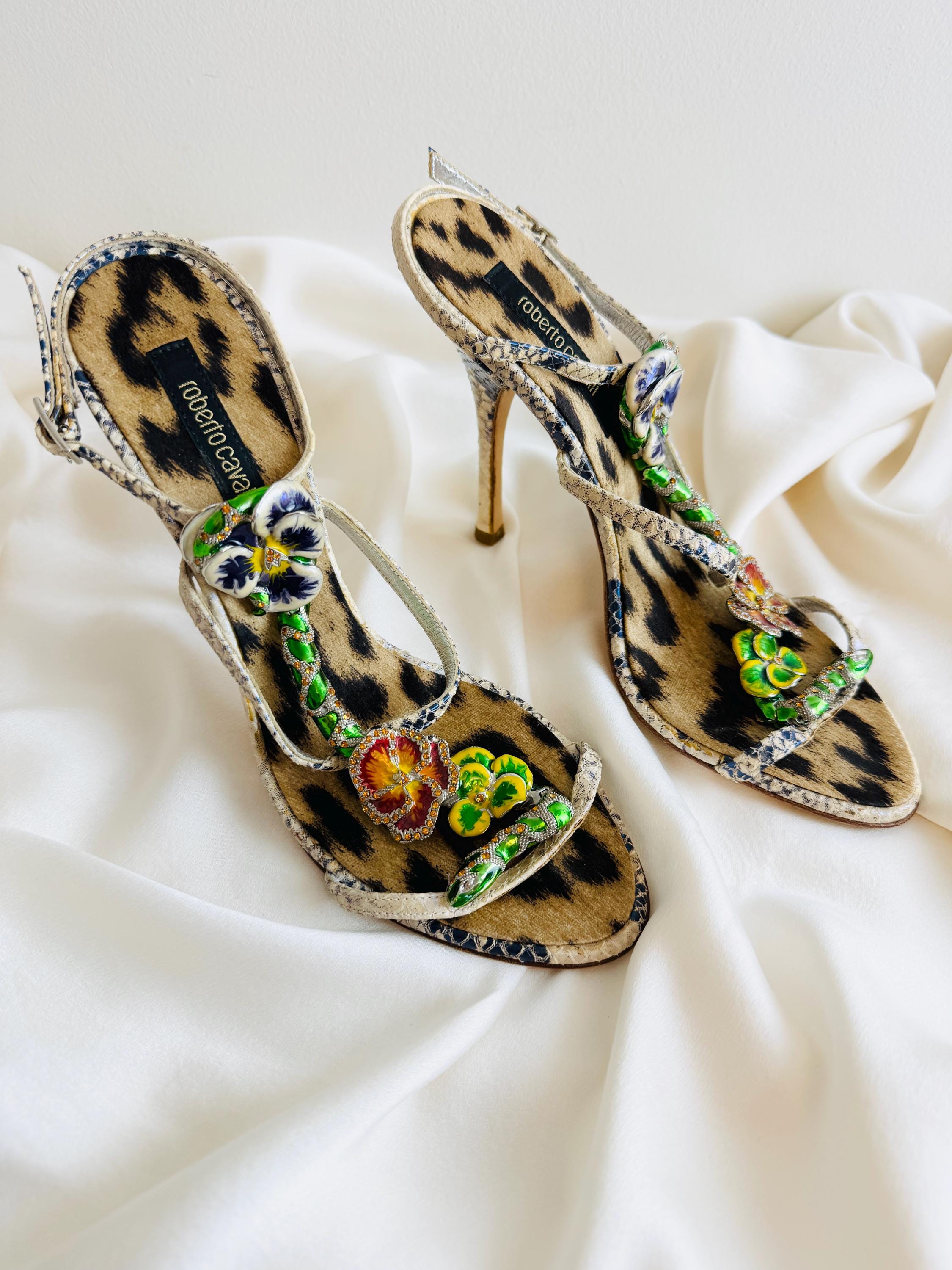 Vintage 2000s Roberto Cavalli Snake + Flower Enamel Rhinestone