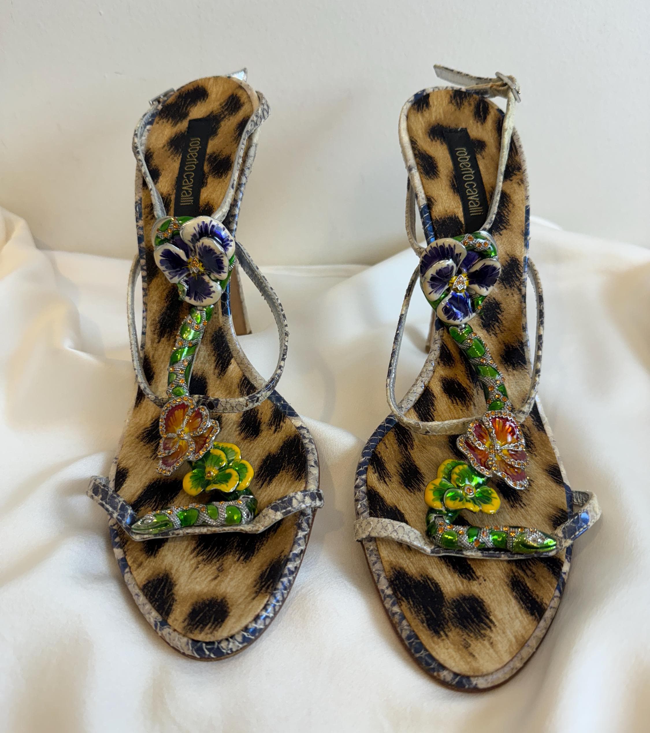 Vintage 2000s Roberto Cavalli Snake + Flower Enamel Rhinestone