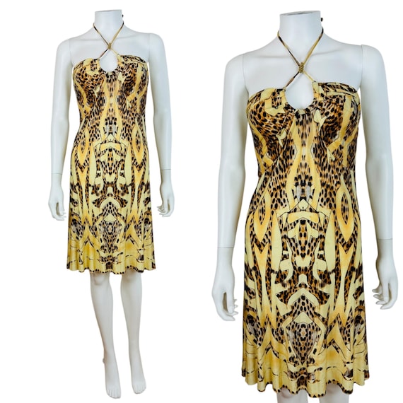 Roberto Cavalli, Vintage 2007 Roberto Cavalli Halter Neckline Gold Snake Medallion Mini Dress